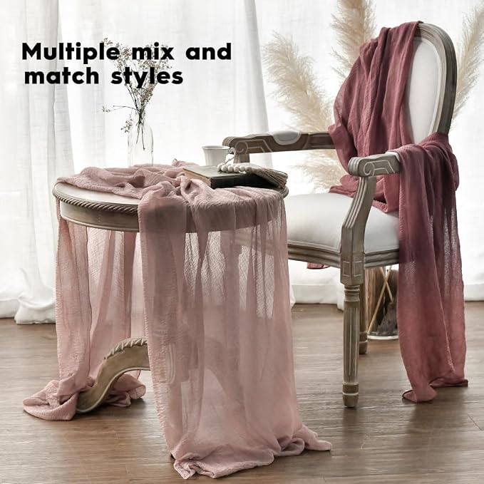 Artoid Mode Boho Cheesecloth Gauze Dusty Pink Wedding Table Runner, 120 Inch - Image 4