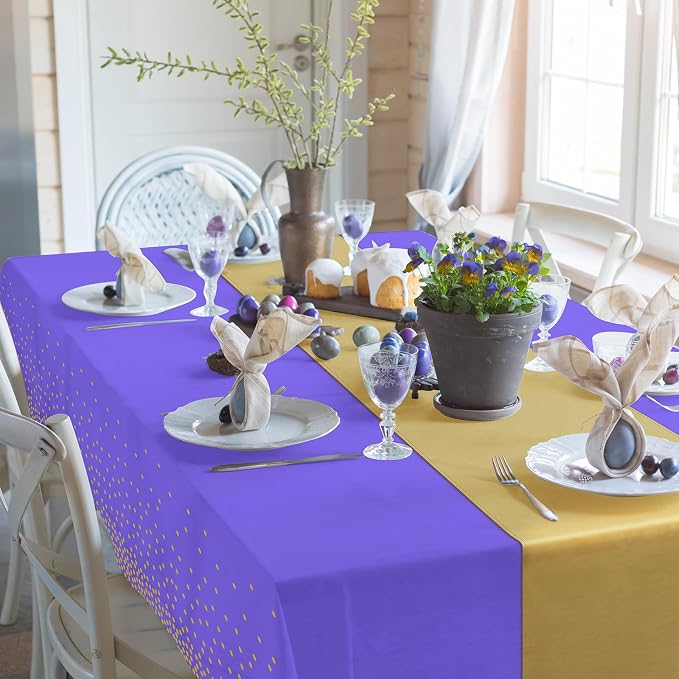 8Pack Disposable Plastic Tablecloths and Satin Table Runner Set Purple and Gold - Image 5