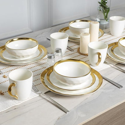 vicrays Ceramic Dessert Salad Plates, 8 Inch, Set of 6, Round, Dishwasher Safe, NOT Microwave Safe, Scratch Resistant, Suitable for Appetizer, Home, Restaurant (White with Golden)