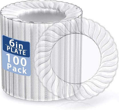 U-QE 100 Pieces Clear Plastic Plates-6 Inch Plastic Dessert Plates Disposable by U-QE