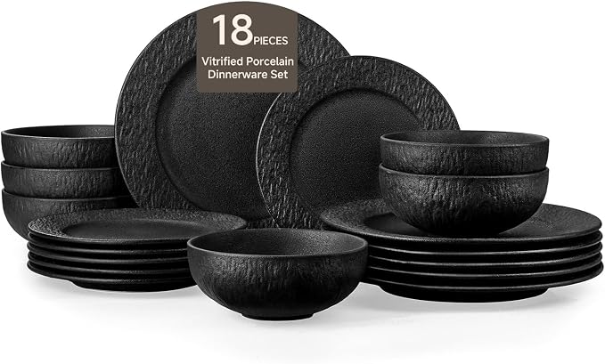 Black Dinnerware Sets, 18-Piece plates and bowls sets, Matte Marble | Premium by KINGSTONE