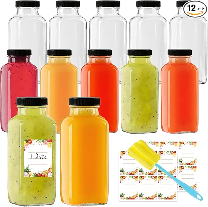 12 oz Glass Juice Bottles with Lids 12-Pack by Unknown
