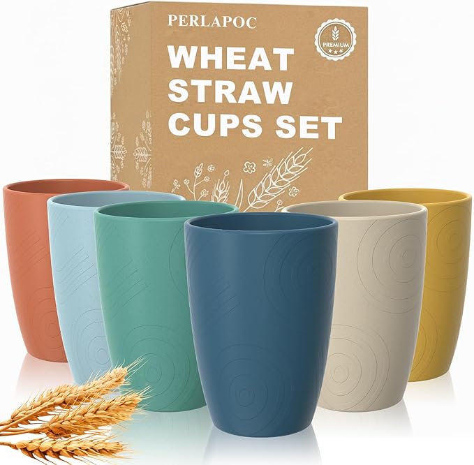 Wheat Straw Cups, Plastic Cups Reusable, Unbreakable Drinking Glasses Set of 6 by Perlapoc