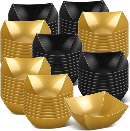 Sliner 100 Pcs Square Plastic Bowls Plastic Serving Bowls Disposable Chip Containers for Parties Snack Fruit Candy Containers for Candy Buffet Salad Bar Buffet Party Supplies (Gold,Black,8 oz)