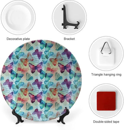 Ceramic Plates, Abstract Decorative Ceramic Plates, Watercolor Rainbow Colored Butterflies and Letterings Music, 10 Inch, Household Plates Decorative, Multicolor