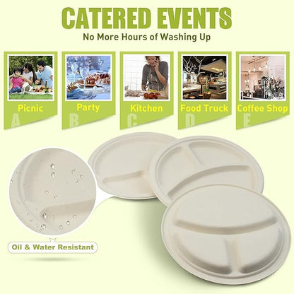 Green Earth, 10-Inch, 500-Count, 3-Compartment Compostable Plates, Natural Bamboo Fibers, Everyday Tableware - Biodegradable - Disposable Round Shape