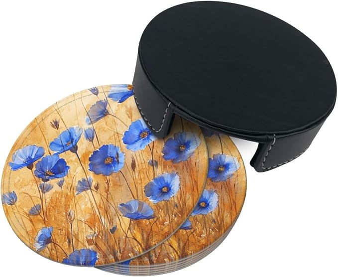 Flowers Plant Floral Blue Leather Coasters Set of 6 - Image 2