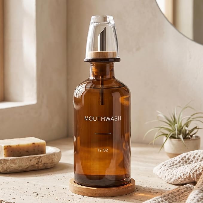 Glass Mouthwash Dispenser for Bathroom, Amber | Bamboo Tray & Mouthwash Cup - Image 5