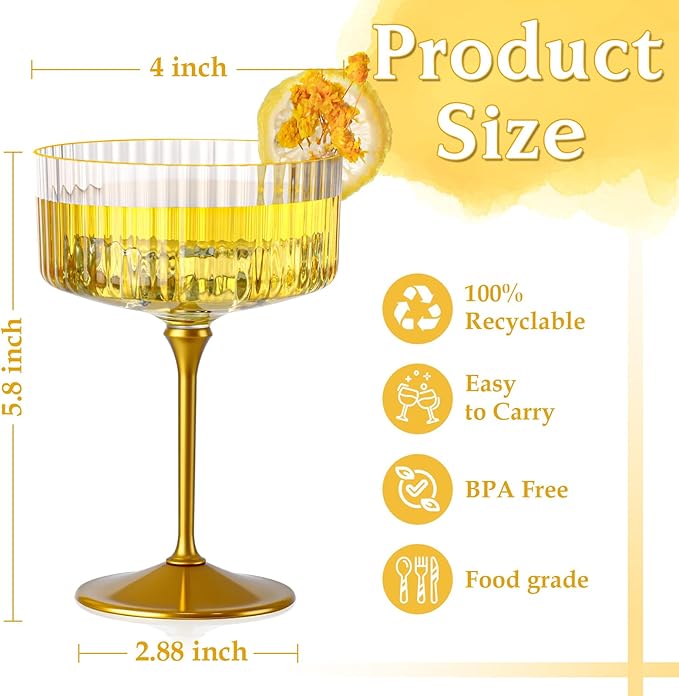 24 PCS Ribbed Coupe Glasses with Gold Stem Clear Plastic Champagne Coupe Cup 10oz Detachable Gold Rim Espresso Martini Glass Vintage Margarita Glassware Cocktail Glass for Christmas