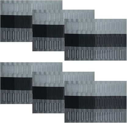 SHACOS Placemats with Table Runner Set of 7 Woven Vinyl Table Mats and Runner for Dining Table Heat Resistant, Ombre Black Gray