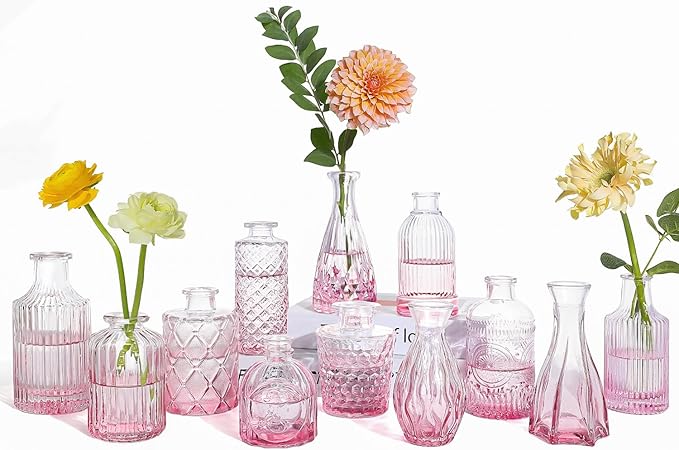 Pink Glass Bud Vases Set of 12, Mini Flower Vase for Centerpieces, Small Vases in Bulk for Wedding Decorations, Vintage Vase for Table, Home Décor