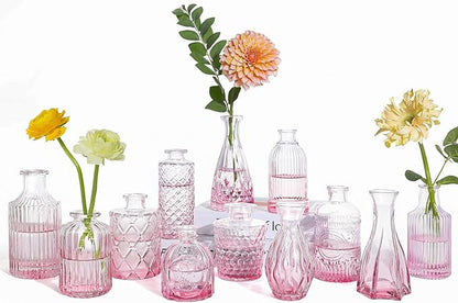 Pink Glass Bud Vases Set of 12, Mini Flower Vase for Centerpieces, Small Vases in Bulk for Wedding Decorations, Vintage Vase for Table, Home Décor