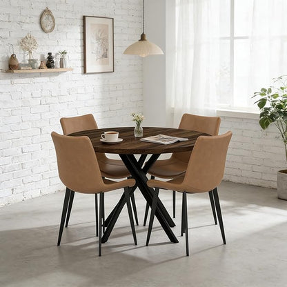 44" Round Dining Table with Chair Set for 4, Modern Mid-Century Dining Table Set of 4, Cozy Dinette Sets with Metal Leg for Kitchen Dining Room Apartment(Walnut Table + Brown Chairs)