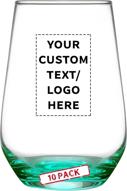 DISCOUNT PROMOS 10 Vaso Silicia Stemless Wine Glasses Set, 16 oz. - Personalized Text, Logo - Clear, Orb-Like, Thick base - Green