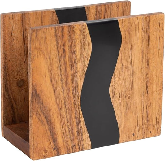 Acacia wood & Transparent Epoxy resin Napkin holder for table, Rustic farmhouse napkin organisation for kitchen, dining, counter tops, restaurant or outdoors | 6x5x2.5 inches|(Black)