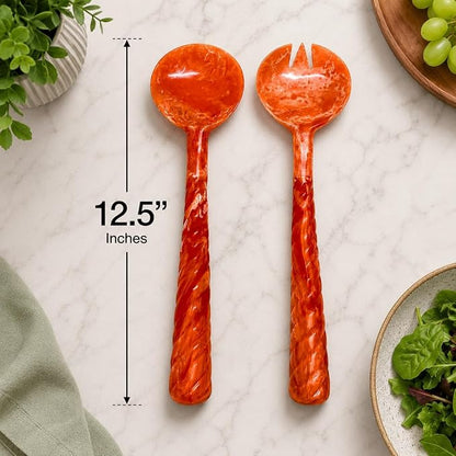 SS CRAFTS INDIA Premium 12.5" Vibrant Orange Marbled Resin Salad Servers | Set - Image 5