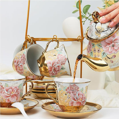 20 Pcs Porcelain Tea Set with Metal Holder, European Ceramic Tea Set - Image 2