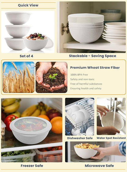 Wheat Straw Cereal Bowls with Lids, Unbreakable Plastic Bowls Set of 4 - Image 5