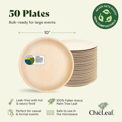 Chic Leaf Palm Leaf Plates - 10" Round - 50 Pack of 100% Compostable & Disposable Bamboo Style Plates - Heavy Duty, Sturdy Paper Alternative for Wedding Desserts, Events & Romantic Gourmet Catering
