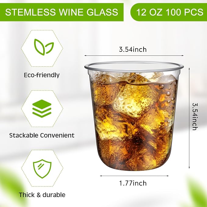 Ziliny Disposable Stemless Glasses 12oz Crystal Plastic Wine Glasses Clear - Image 2