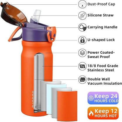 BJPKPK 18 oz Water Bottle with Straw & Handle, Insulated Stainless Flask | Leak - Image 2