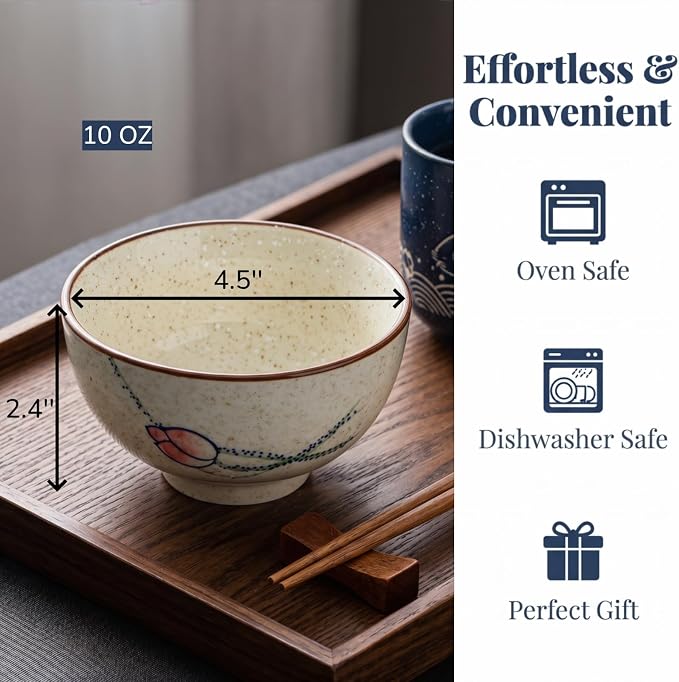 6 Pack Retro Ceramic Bowls, 4.5 Inch Japanese Rice Bowl | 10 Oz Small Soup - Image 2