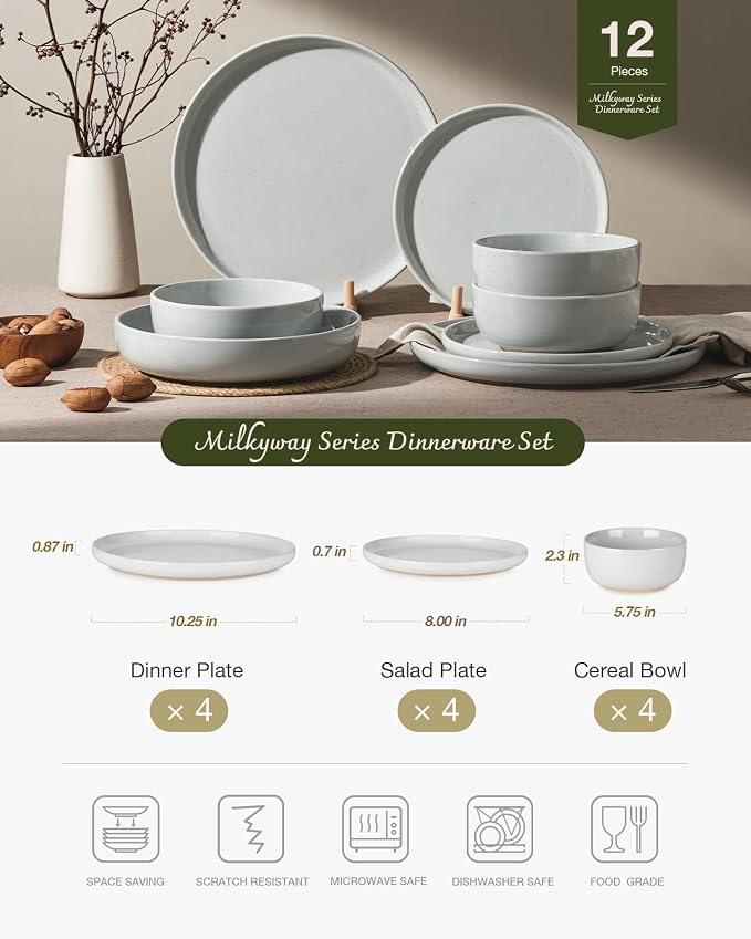 Famiware Milkyway 12-Piece Stoneware Dinnerware Set, Light Gray | Plates and - Image 3