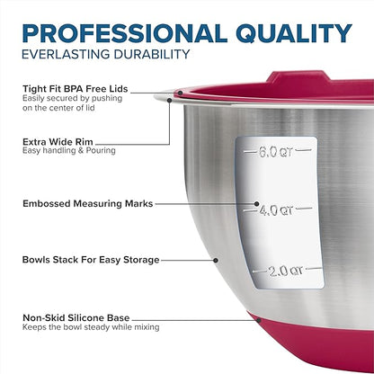 Viking Mixing Bowls Set, 10 Piece Stainless Steel Kitchen Cookware, Non-Slip Silicone Base, Includes Tight Fit Lids, Dishwasher Safe, Red