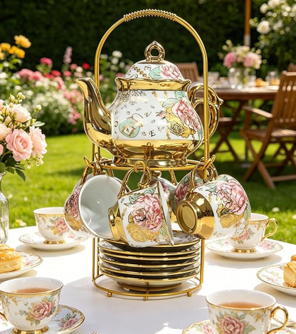 CHANJOON Gold Plated Red Rose Ceramic Tea Set, Vintage Tea Sets - Image 7