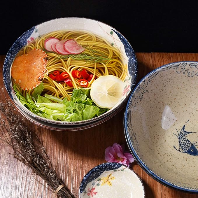 Japanese Retro Ramen Bowls Set of 4 Color Large 8 Inch Ceramic Bowl - Image 3