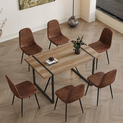 6 Chair Dining Table Set，Dinner Table Set for 6, 55'' Kitchen Table and Suede Nap Fabic Chairs Set of 6, 7 Piece Dining Table Set for Kitchen Dining Room