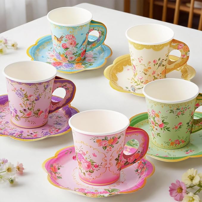Disposable Tea Cups and Saucers, Floral Paper Tea Cups and Plates Serves 40 | by HOMIX
