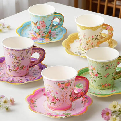 Disposable Tea Cups and Saucers, Floral Paper Tea Cups and Plates Serves 40 | by HOMIX
