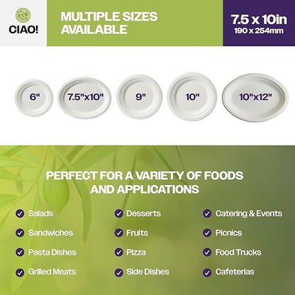 CIAO! 7.5"X10" Heavy Duty Oval Plate 100% Compostable PFAS Free made with Unbleached Bagasse Natural White (Pack of 500)