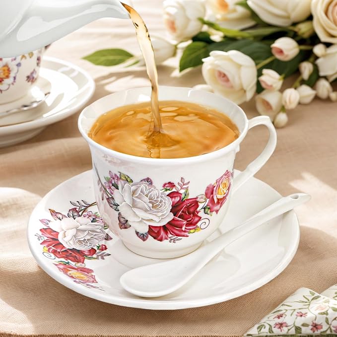 WRINGKIT Tea Cups and Saucers Set of 6, 6 Oz Porcelain Floral Tea Cups - Image 3