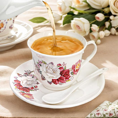 WRINGKIT Tea Cups and Saucers Set of 6, 6 Oz Porcelain Floral Tea Cups - Image 3