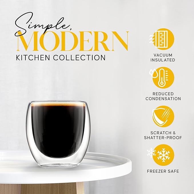Kitchables Espresso Cups Set of 4, 2.7oz - Durable Double Walled Espresso Shot Glass - Expresso Shots Cup Compatible With Nespresso Machines - demitasse cups - Tasas De Café Expreso