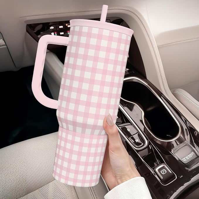 SANDJEST Pink Gingham 40oz Slider Tumbler - Image 7