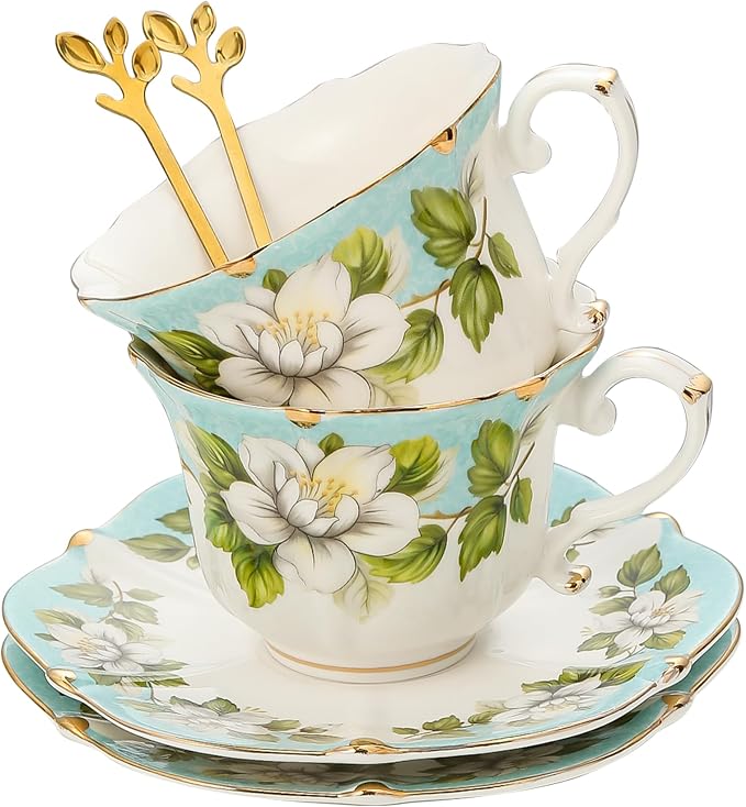 TATSUMI Country Roses Bone China Tea Cup and Saucer Set, 6 Pieces, Vintage Style by TATSUMI