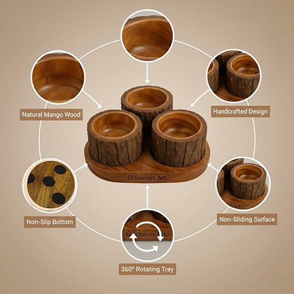 Wooden Snack Bowl Set with Tray – Mango Wood Dry Fruit & Nut Serving Bowls, Rotating Tree Bark Design, Rustic Wooden Candy Bowl Set for Home, Party & Gifting (3 Pieces with Tray)