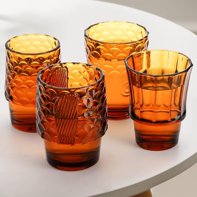 Frcctre Set of 4 Koi Fish Design Drinking Glasses, Stackable Amber Tumbler - Image 6