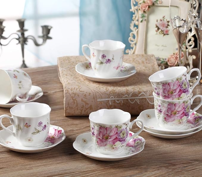 GuangYang 7 oz Porcelain Tea Cups and Saucers Set of 6, Cappuccino, - Image 6