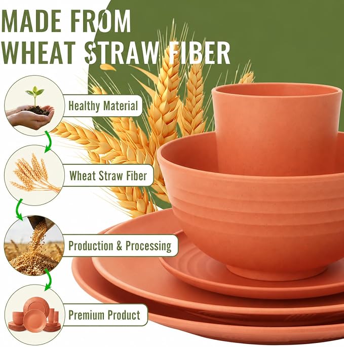 Wheat Straw Dinnerware Sets for 8, 40 Piece Unbreakable Dinnerware Set - Image 9