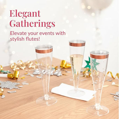 Prestee Set of 24 Plastic Champagne Flutes with Rose Gold Rim - 4.5 oz - Shatterproof Disposable Glasses - Elegant Design - Ideal for Weddings, Cocktail Parties, and Outdoor Celebrations