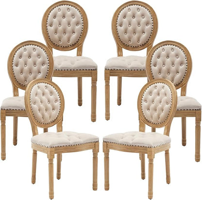 Vintage French Dining Chairs Set of 6, Round Back Velvet Upholstered Accent Chairs with Nailhead Trim and Solid Wood Frame, Elegant Sillas de Comedor for Dining Room & Kitchen, Beige