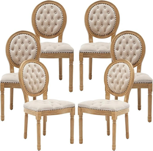 Vintage French Dining Chairs Set of 6, Round Back Velvet Upholstered Accent Chairs with Nailhead Trim and Solid Wood Frame, Elegant Sillas de Comedor for Dining Room & Kitchen, Beige