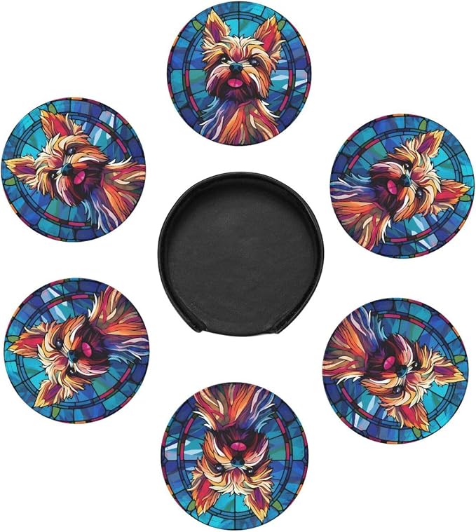 Yorkie Stained Dog Breed Glass Art Leather Drinks Coasters - Image 2