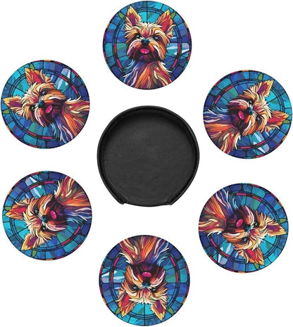 Yorkie Stained Dog Breed Glass Art Leather Drinks Coasters - Image 2
