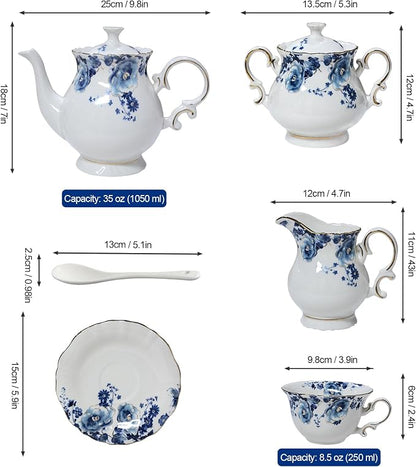 21-Piece Bone China Tea Set for Adults, Vintage Floral Tea Cup Set - Image 8