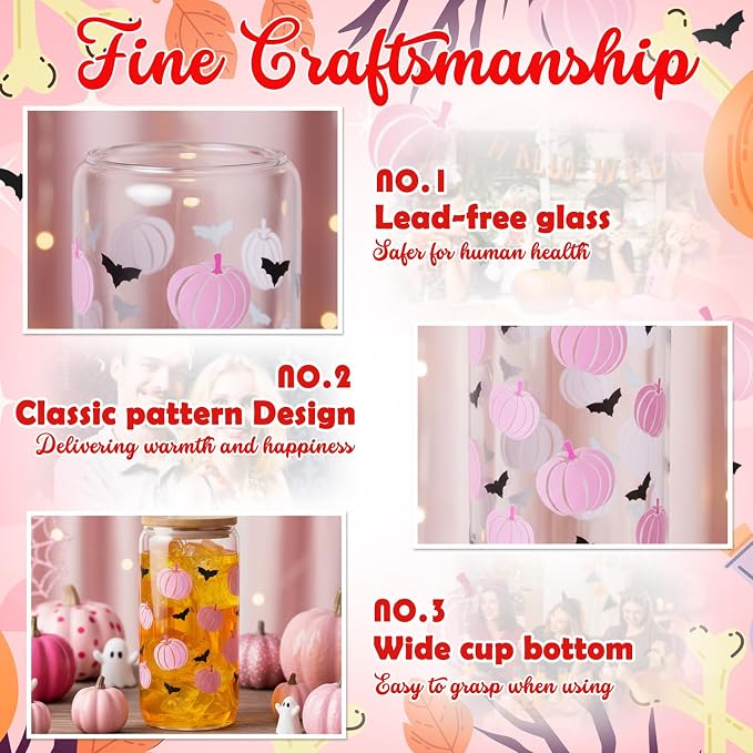 Sliner 2 Pcs Halloween Glass Cups Pink Pumpkin Bat Drinking Tumbler Fall - Image 6